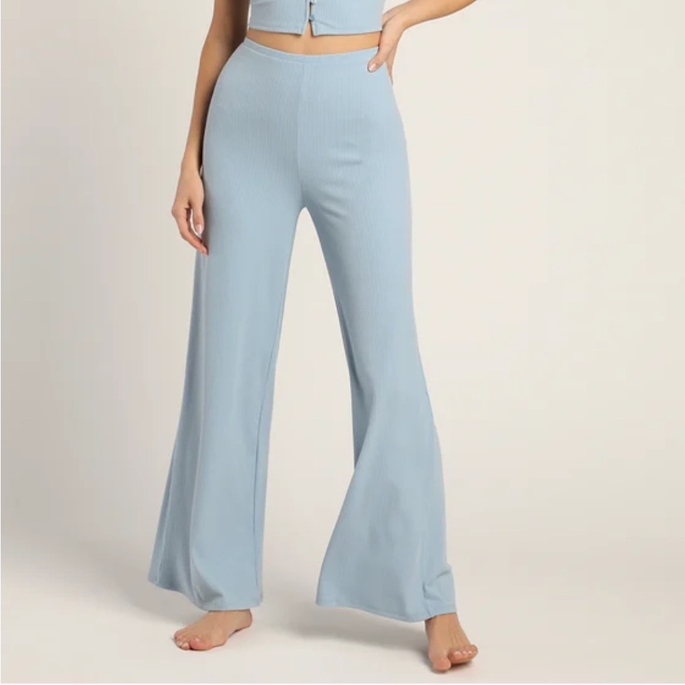NWT Lulu’s Let’s Lounge Slate Blue Ribbed Wide-Leg Pants in XS